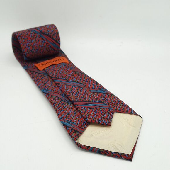 Missoni Cravatte Tie 100% Silk Red Blue Black Abstract Geometric Necktie  XLNT - Picture 3 of 8
